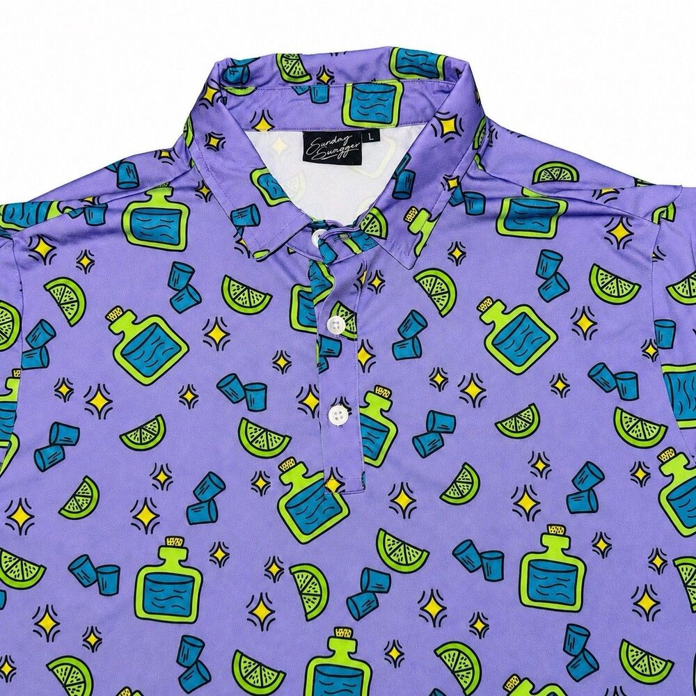 Sunday Swagger Tequila Time Golf Polo Men’s L Purple Lime Stretch Performance - Picture 2 of 6